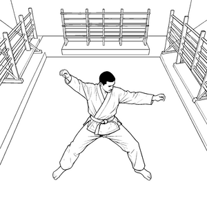 Wachsamer Karateka mit Holzstangen Malbild für Dojobesucher