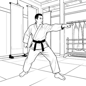 Konzentrierter Karateka vor Rollbildern Bastelmotiv für junge Trainingsfreunde