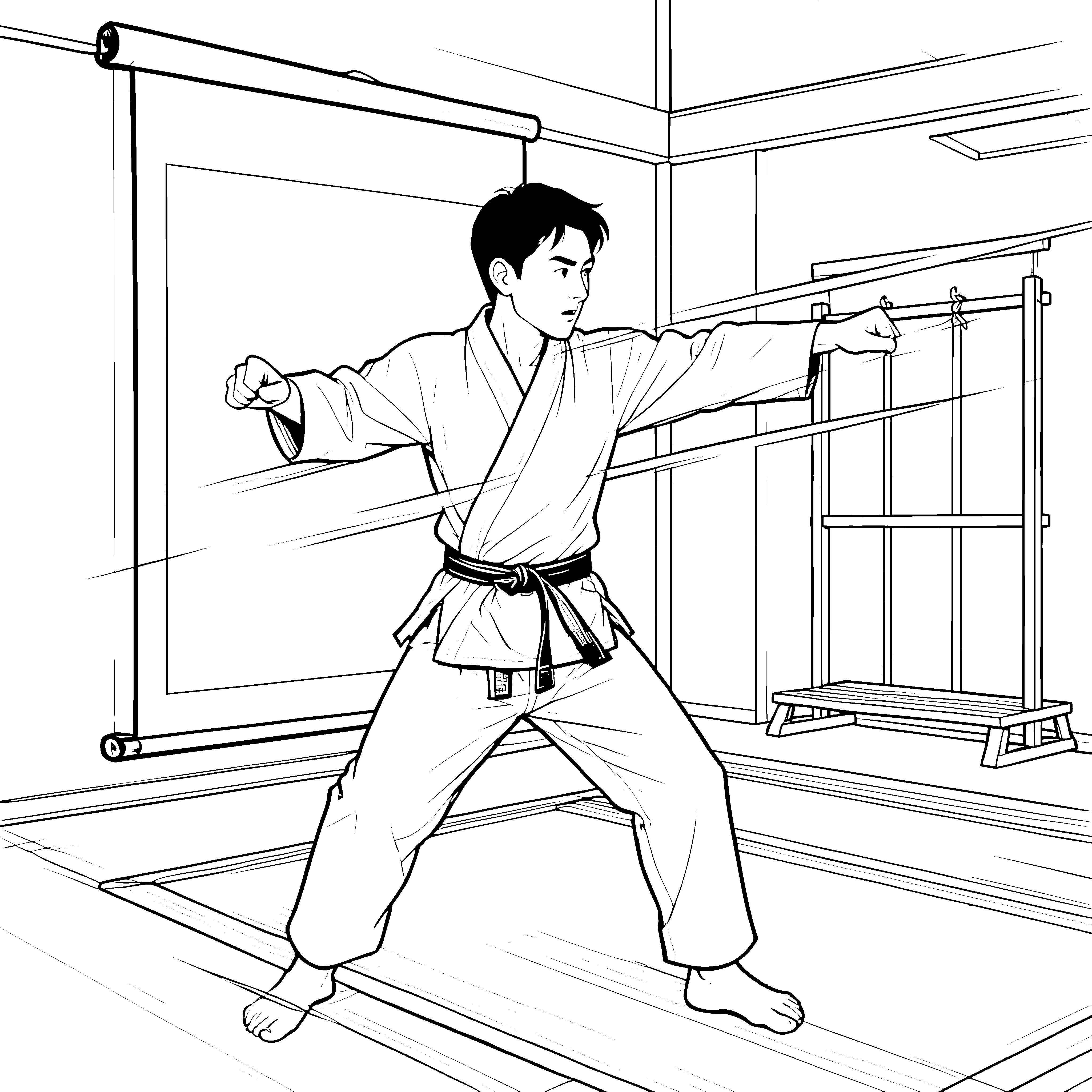 Kraftvoller Karateka im Dojo Ausmalvorlage für junge Kampfsportler