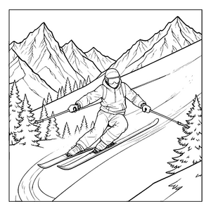 Abenteuerlicher Skifahrer in der Berglandschaft Malvorlage für neugierige Pistenfans