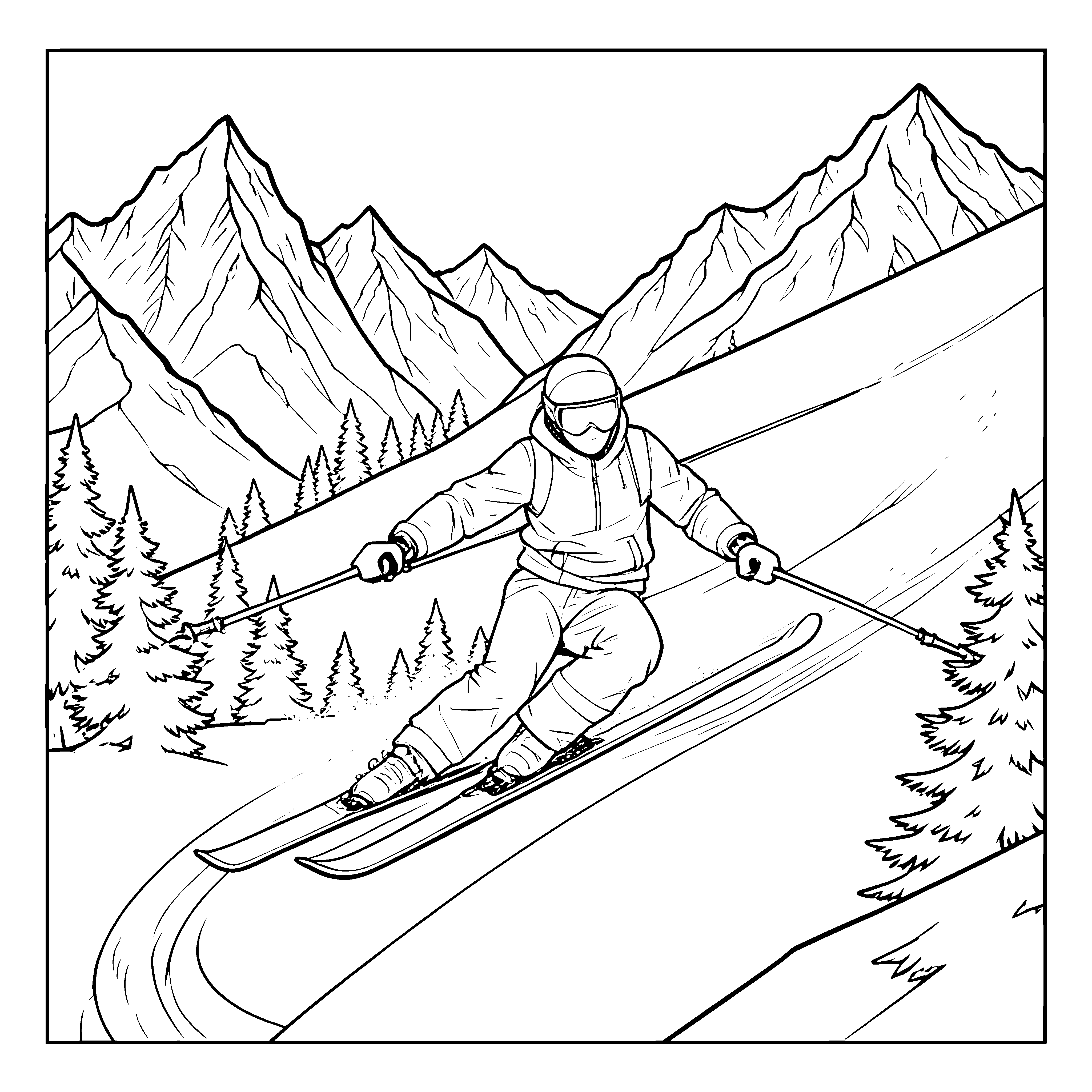 Abenteuerlicher Skifahrer in der Berglandschaft Malvorlage für neugierige Pistenfans