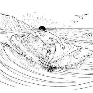 Mutiger Surfer auf hoher Welle Bastelvorlage für fröhliche Meeresabenteurer