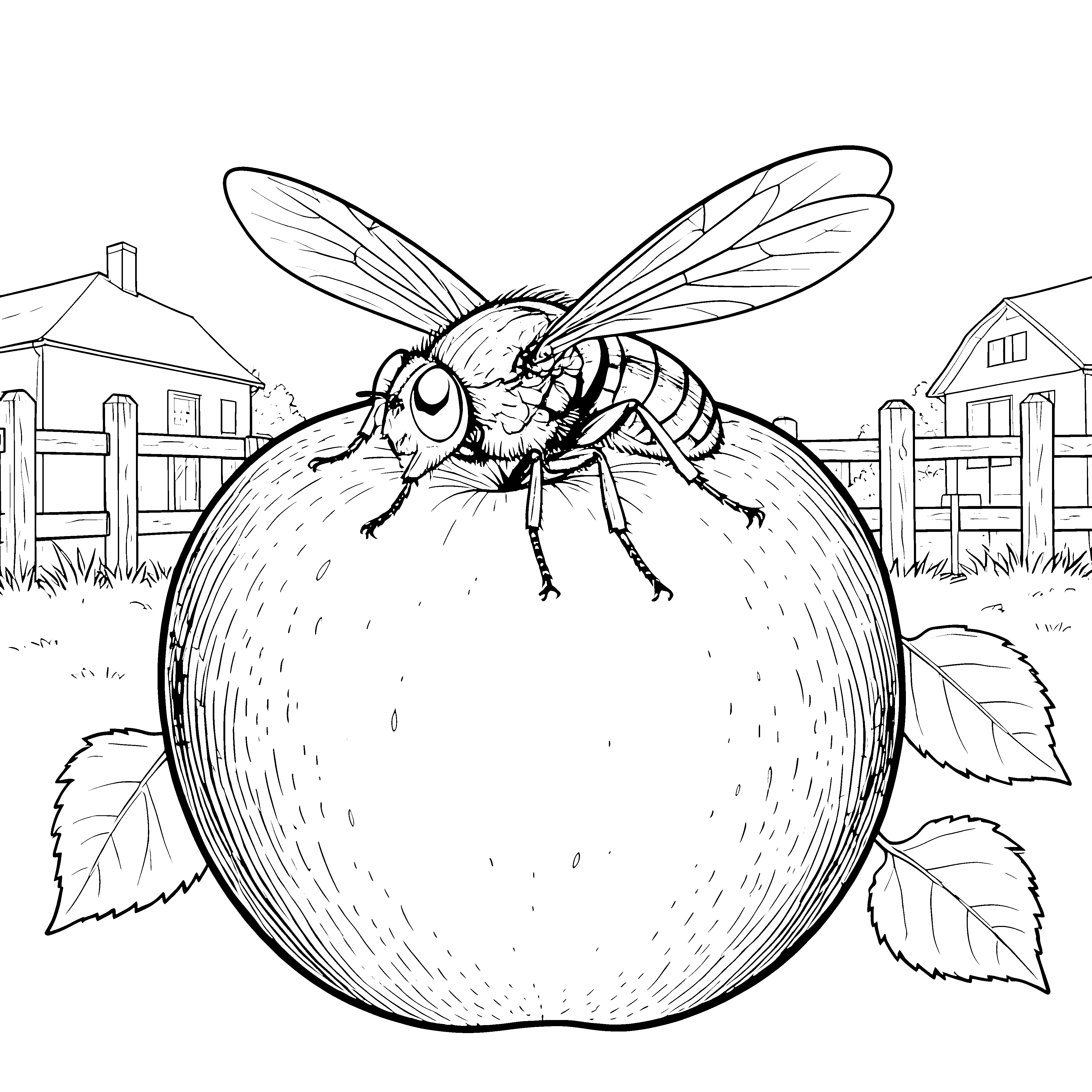 Große Fliege auf dem Apfel Malvorlage für neugierige Gartenfreunde