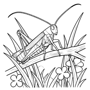 Detailreiche Heuschrecke auf dem Ast Malvorlage für malfreudige Naturbeobachter