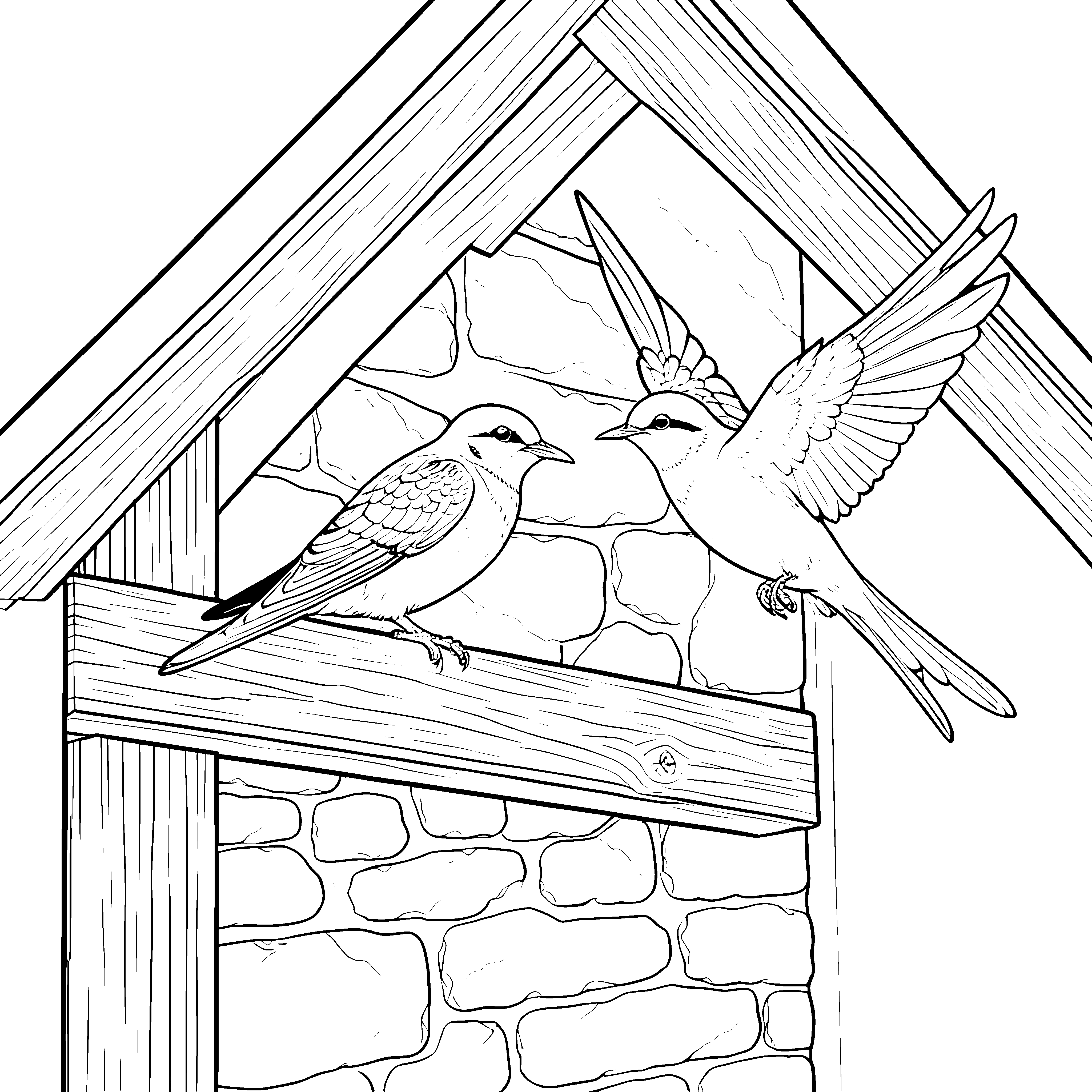 Freche Schwalben am Vogelhaus Ausmalbild für mutige Naturbeobachter
