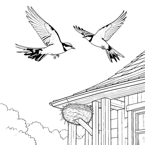 Fliegende Schwalben am Schwalbennest Bastelmotiv für kleine Vogelfreunde