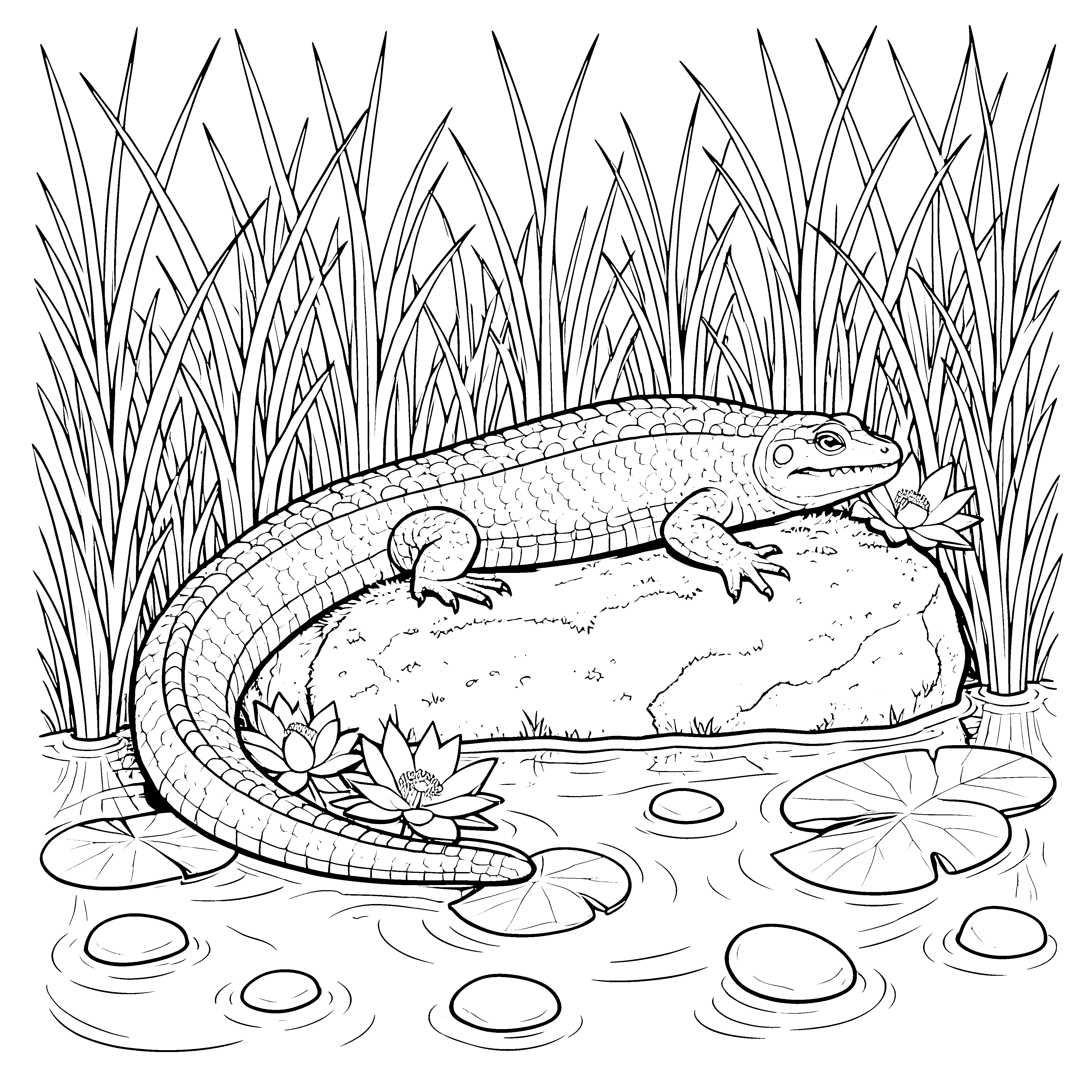 Friedlicher Salamander bei Lotusblüten Ausmalbild für kreative Wasserbeobachter