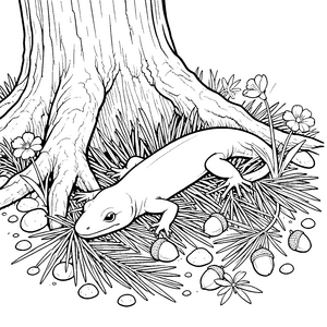 Naturverbundener Salamander bei Eicheln Ausmalvorlage für kreative Waldbewohner