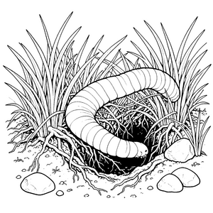 Riesiger Regenwurm im Gras Malvorlage für kleine Gartenforscher
