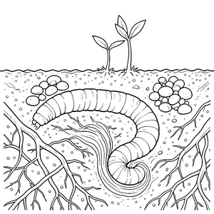 Gewundener Regenwurm bei Wurzeln Ausmalvorlage für junge Gartenhelfer