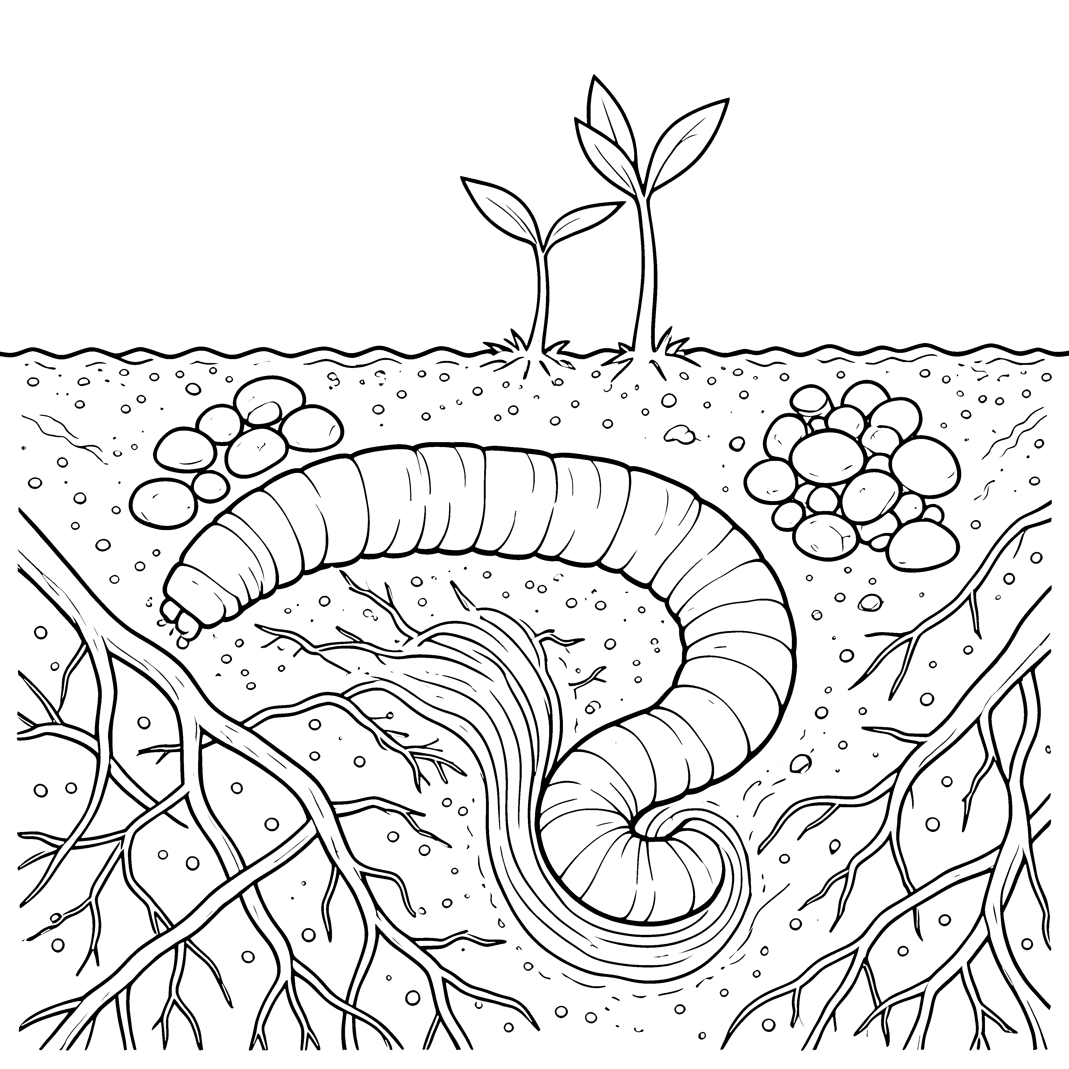 Gewundener Regenwurm bei Wurzeln Ausmalvorlage für junge Gartenhelfer
