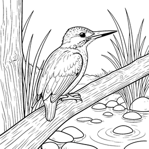 Detailreicher Eisvogel auf Baumstamm Ausmalvorlage für kleine Bachfreunde