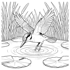 Dynamischer Eisvogel beim Schilf Ausmalvorlage für junge Wasserforscher