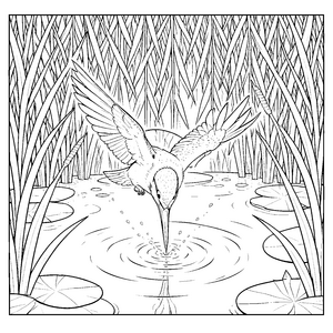 Spektakulärer Eisvogel beim Tauchen Ausmalbild für junge Wasserbeobachter