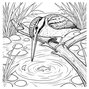 Beobachtender Eisvogel auf Baumstamm Malbild für neugierige Wasserbeobachter