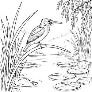 Wachsamer Eisvogel auf Weidenzweig Ausmalvorlage für kleine Teichforscher