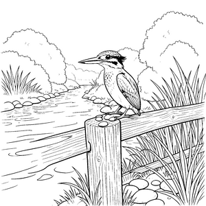 Wachsamer Eisvogel auf Holzpfosten Ausmalvorlage für verträumte Flussfreunde