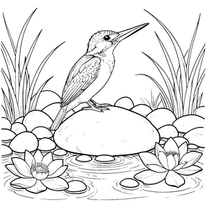 Farbenfroher Eisvogel auf Seerosen Malbild für kleine Teichfreunde