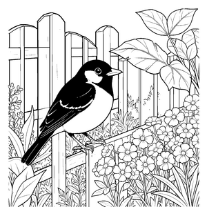 Verspielte Amsel am Gartenzaun Ausmalbild für mutige Pflanzenfreunde
