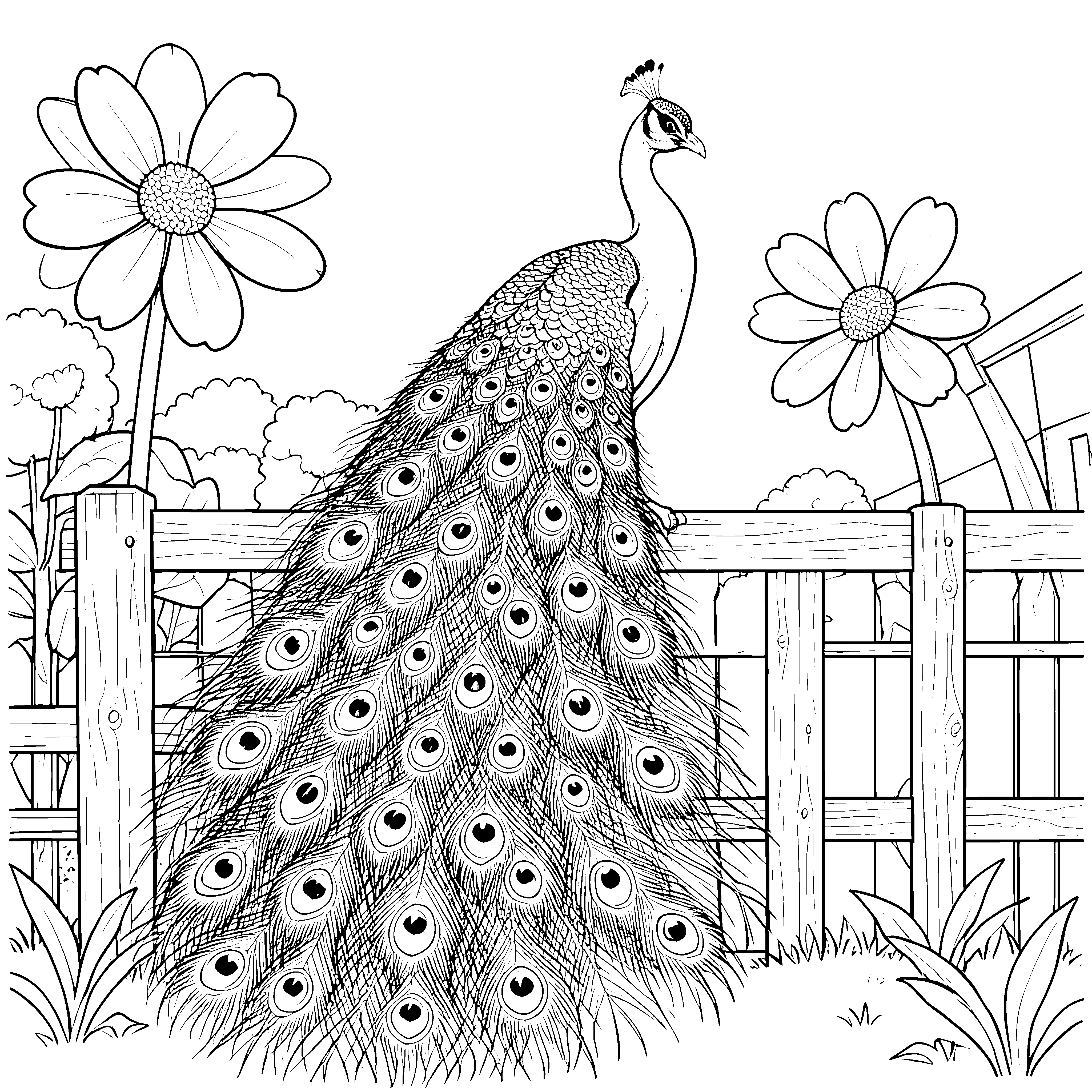Stolzer Pfau am Zaun Ausmalbild für malfreudige Blumenkinder