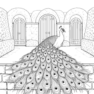 Prachtvoller Pfau vor Gartentoren Malvorlage für verträumte Naturkinder