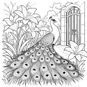 Prachtvoller Pfau bei Lilien Bastelvorlage für Gartenfreunde