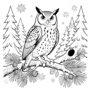 Stiller Uhu im Tannenwald Malbild für Malfreude im Winter