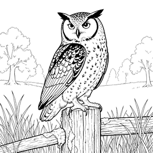 Wachsamer Uhu auf Holzpfosten Malbild für kreative Naturfreunde