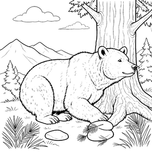 Majestätischer Braunbär am Baumstamm Ausmalbild für junge Waldbeobachter