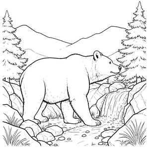 Stiller Braunbär am Wasserfall Ausmalbild für Bachforscher