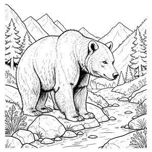 Stolz Bär am Gebirgsbach Ausmalvorlage für malfreudige Bergforscher