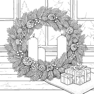 Strahlender Adventskranz mit Geschenken Malbild für Geschenkejäger