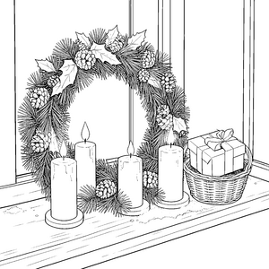 Festlicher Adventskranz mit Geschenkkorb Malbild für Winterstimmung