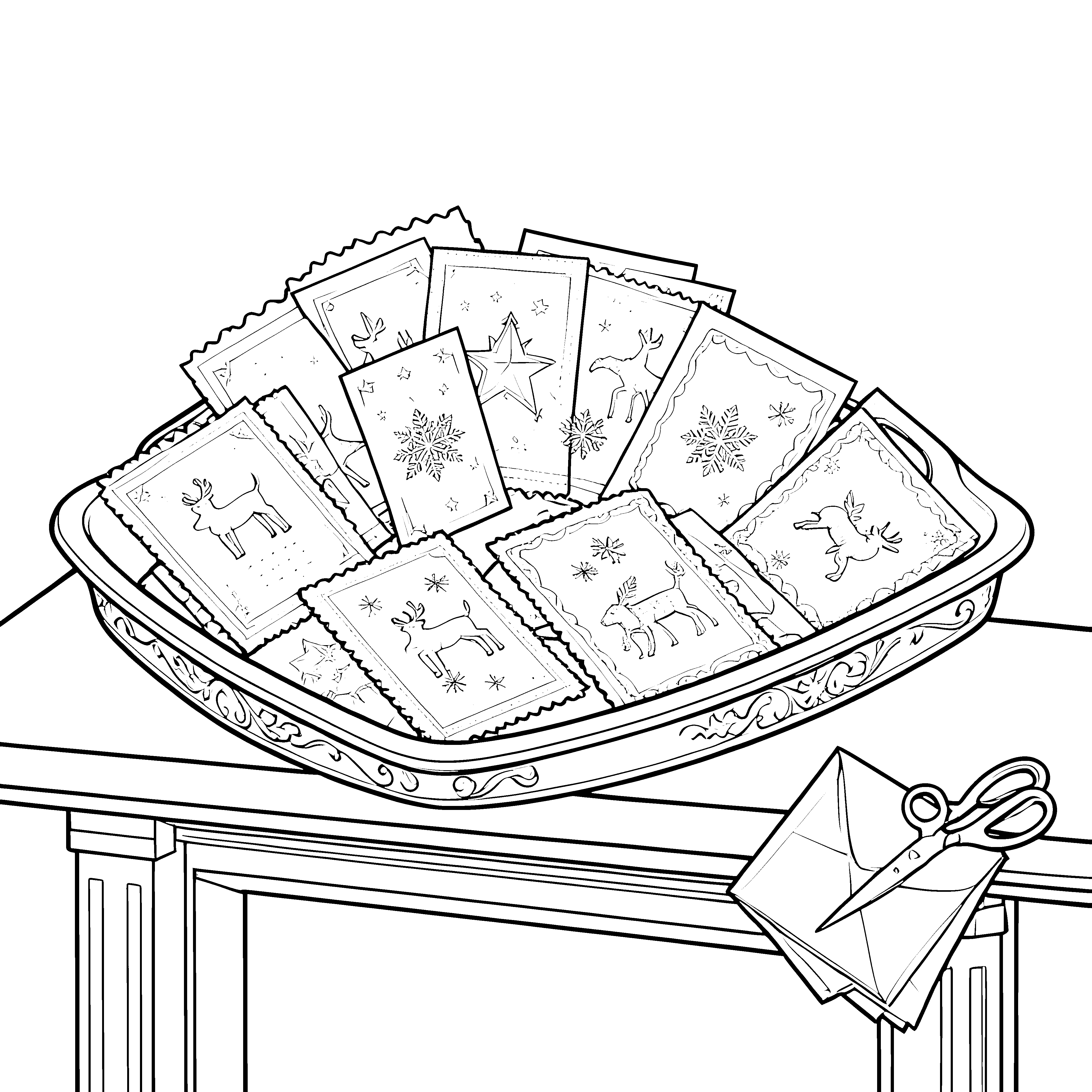 Festliches Tablett mit Weihnachtskarten Bastelvorlage für Grußschreiber