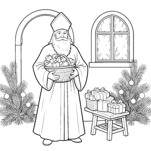 Festlicher Nikolaus mit Geschenken Bastelvorlage für kleine Festtagsfreunde