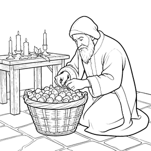 Freundlicher Nikolaus mit Apfelkorb Bastelvorlage für neugierige Winterfreunde