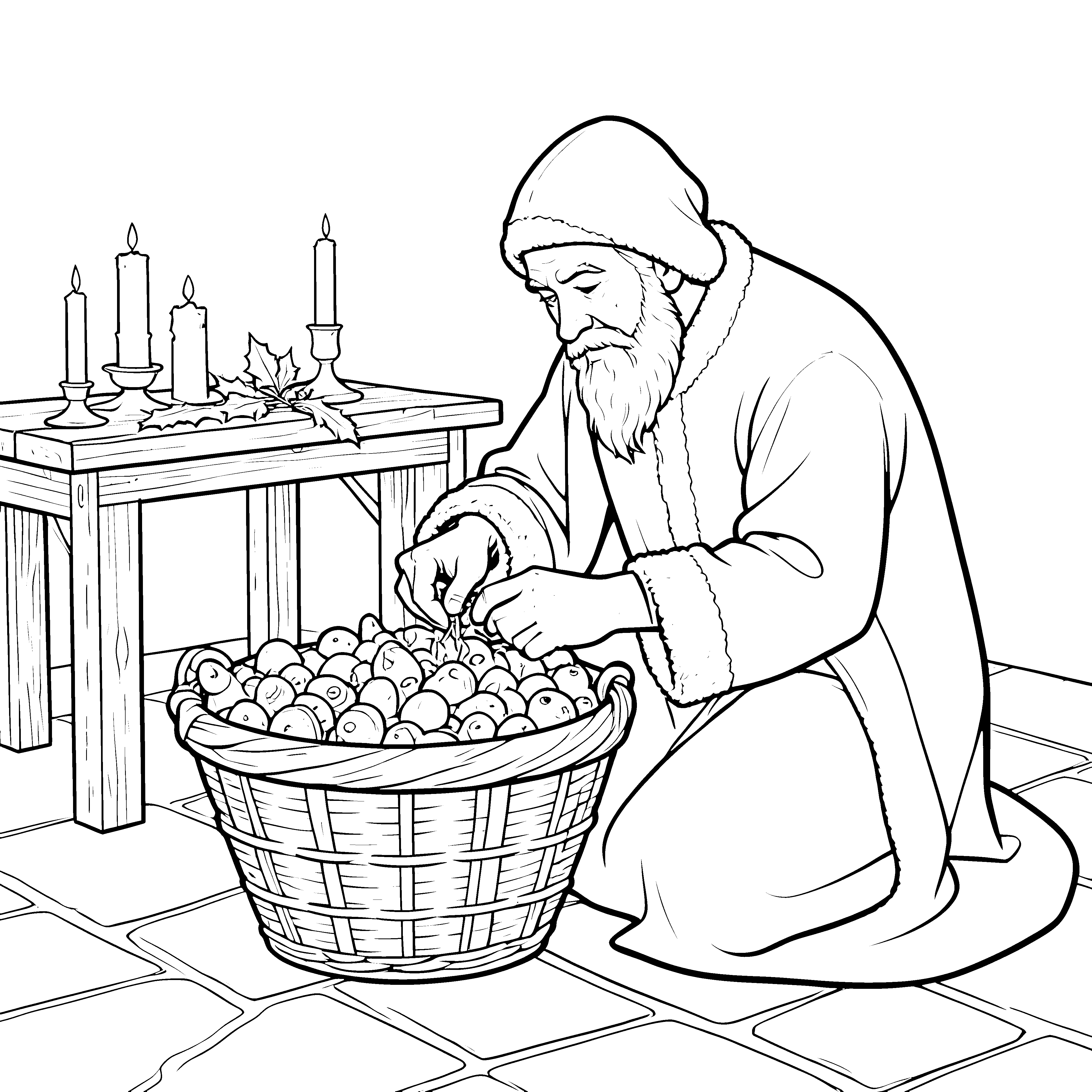 Freundlicher Nikolaus mit Apfelkorb Bastelvorlage für neugierige Winterfreunde
