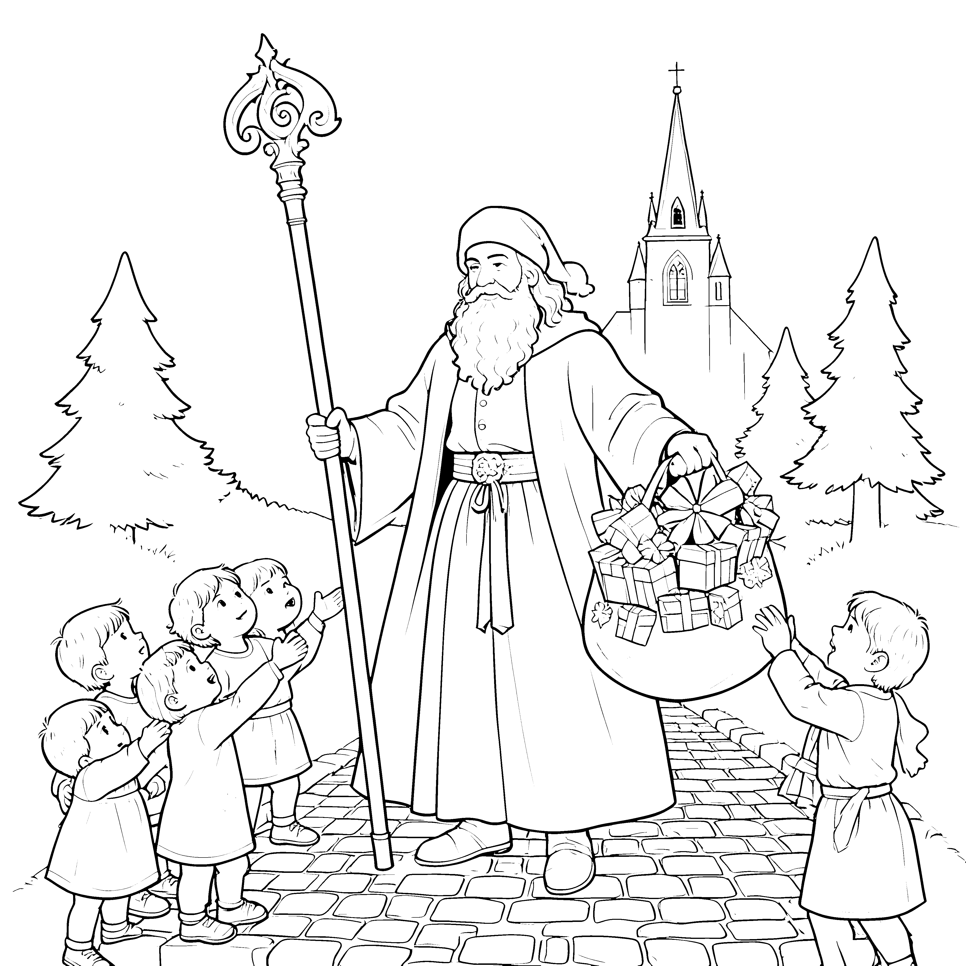 Gütiger Nikolaus mit Geschenkesack Bastelvorlage für fröhliche Winterkinder