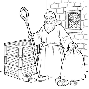 Stolzer Nikolaus mit Holzkisten Malbild für kreative Gabenbringer