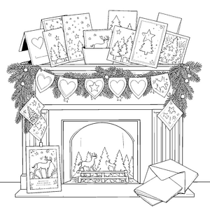 Gemütlicher Kamin mit Weihnachtskarten Malbild für kleine Briefschreiber