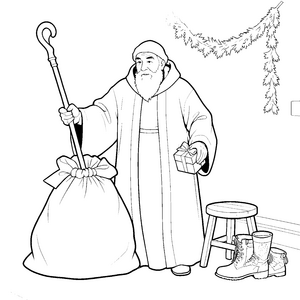 Freundlicher Nikolaus mit Bischofsstab Ausmalbild für kleine Stiefelbesitzer