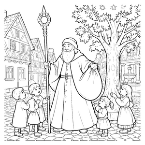 Traditioneller Nikolaus mit Geschenkesack Malbild für neugierige Dorfkinder
