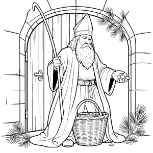 Gütiger Nikolaus mit Geschenkkorb Bastelmotiv für verträumte Wintergäste