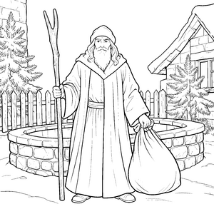 Wohlwollender Nikolaus am Brunnen Bastelvorlage für neugierige Winterkinder
