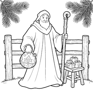 Sanfter Nikolaus mit Geschenkesack Malbild für junge Winterfreunde