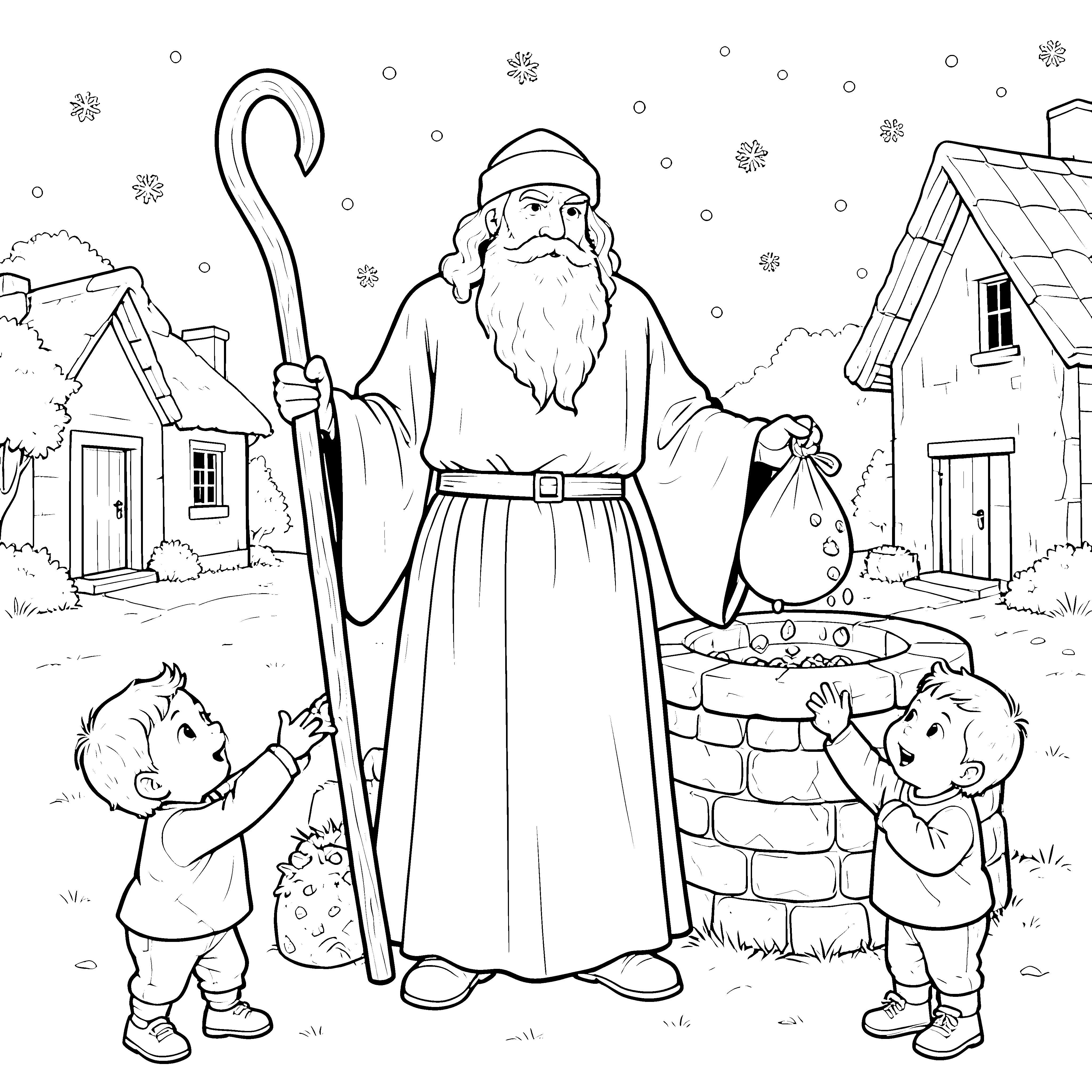 Stolzer Nikolaus mit Bischofsstab Ausmalvorlage für Brunnenfreunde