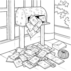 Überquellender Briefkasten mit Weihnachtskarten Ausmalvorlage für kreative Briefschreiber
