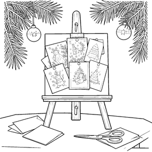 Festliche Weihnachtskarten auf Staffelei Ausmalvorlage für kleine Bastelprofis