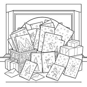 Stimmungsvolle Weihnachtskarten am Kamin Ausmalbild für kreative Briefschreiber