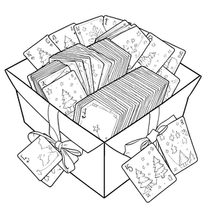Übervolle Geschenkkiste mit Weihnachtskarten Malvorlage für verträumte Briefschreiber